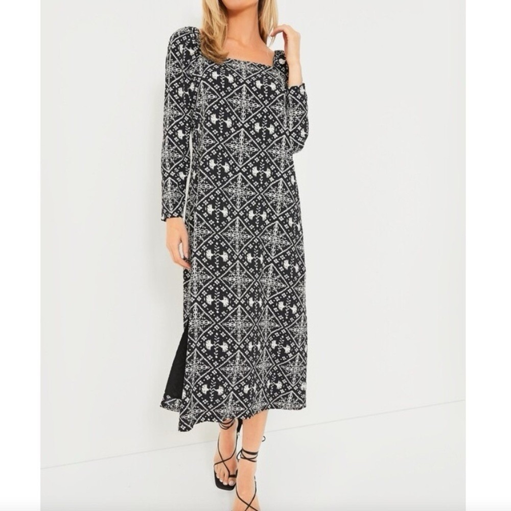 Tuckernuck Hyacinth‎ House Square Neck Sabrina Midi Dress XS Black White Print